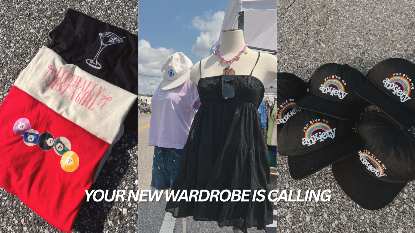 Collage of clothing items including t-shirts, a dress, and hats with text 'Your New Wardrobe is Calling'.