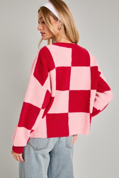 Raspberry Checkered Knit Sweater