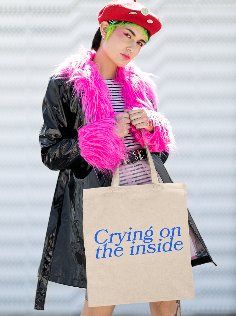 crying on the inside printed tote bag