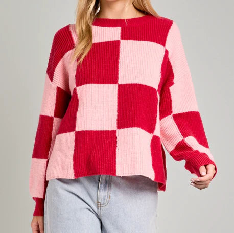 Raspberry Checkered Knit Sweater