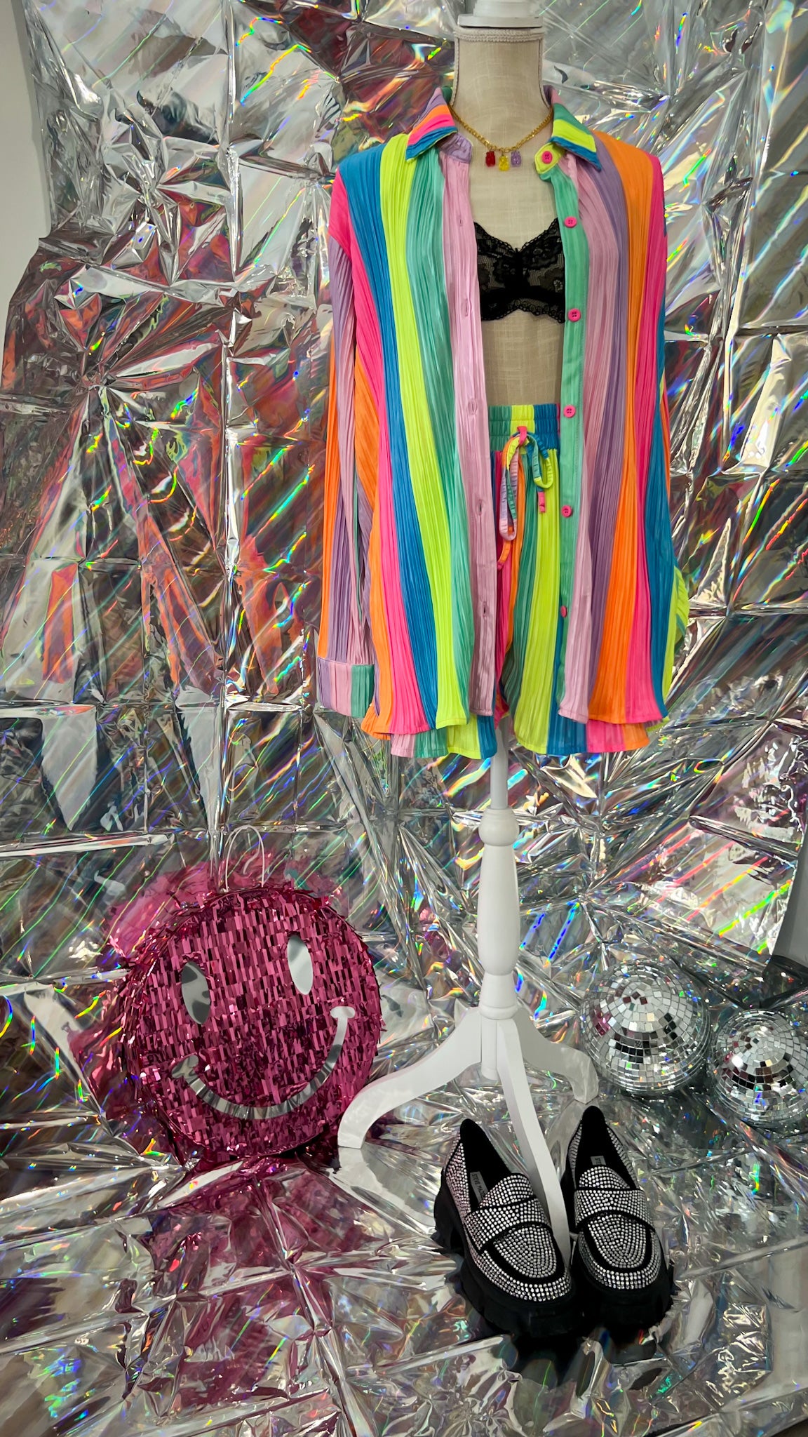 Electric Feel Rainbow Plisse Shorts Set